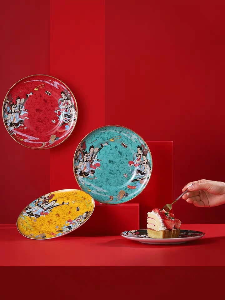 奥唯敦煌国潮文创陶瓷餐具四个盘子套装组合家用碟子骨瓷轻奢菜盘