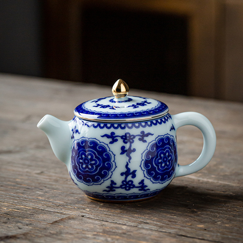 青花瓷茶壶陶瓷单壶家用过滤小号手工描金功夫茶具青瓷泡茶壶茶器