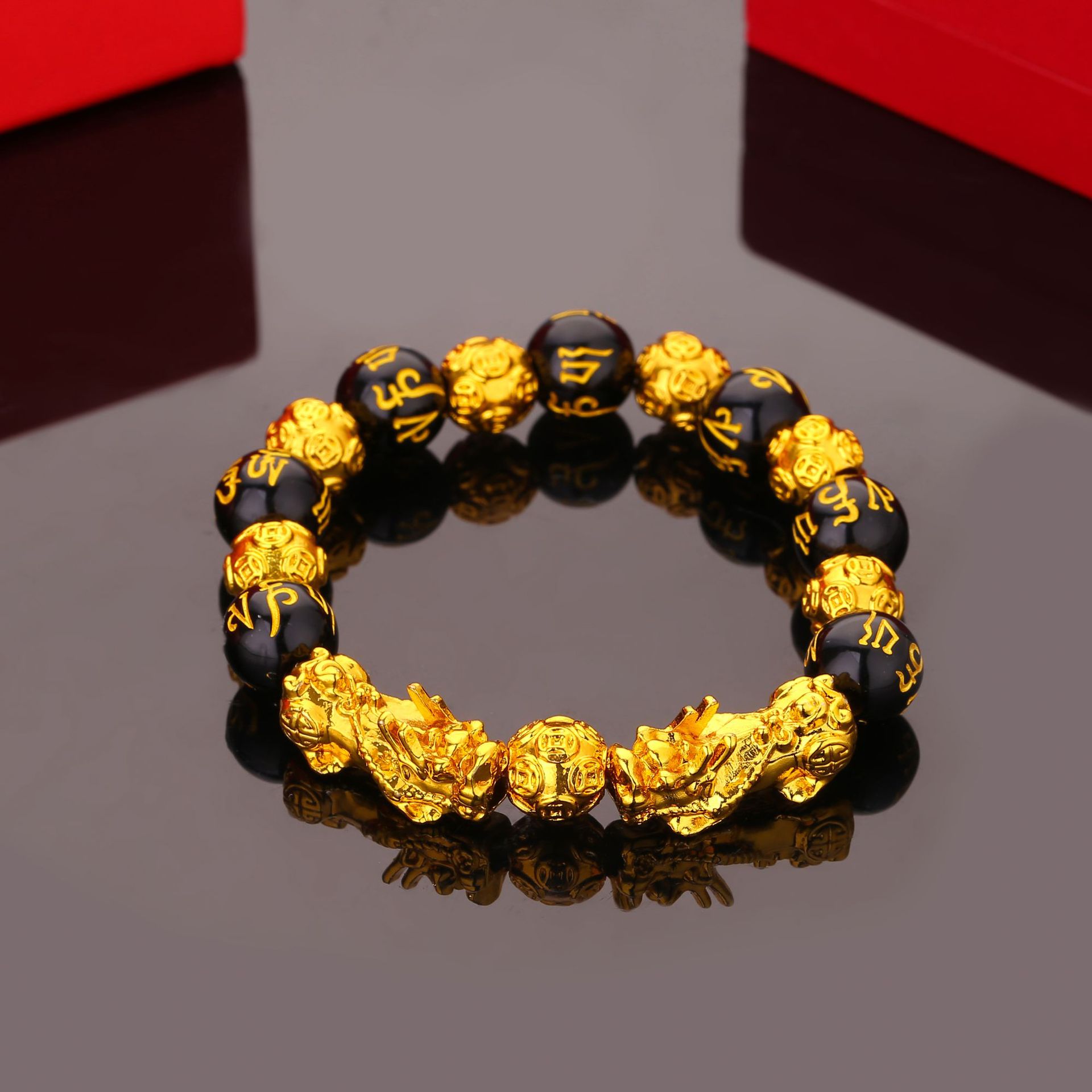 洛天越南沙金貔貅手链男款3d硬金工艺黑曜石佛珠招财红玛瑙手串