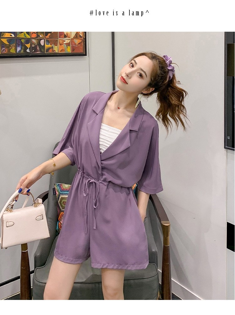 紫色连体裤女工装连衣裤夏装新款网红西装领收腰连身长短阔腿裤子
