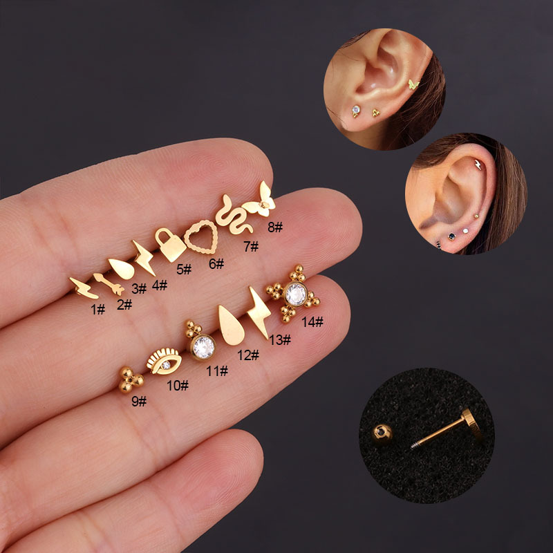 Korean Style Mini Pure Steel Stud Earrings Personality Lightning Men's and Women's Earrings Stainless Steel Screw Ear Bone Stud Fashion Ornament