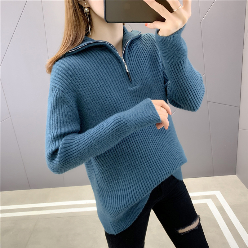 秋冬加厚韩版复古拉链半开大翻领毛衣女洋气套头针织衫宽松外套潮