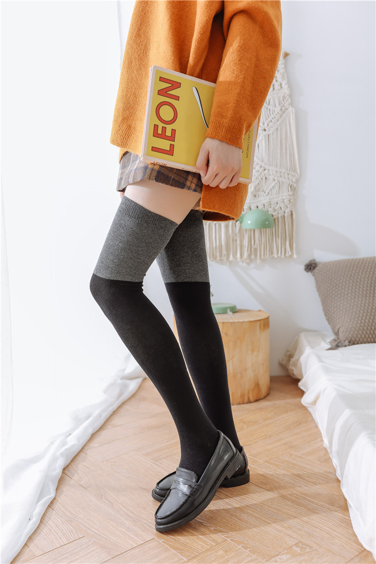 日系卡哇伊5色长筒拼色过膝袜 全棉抗起球女士大腿袜子性感socks