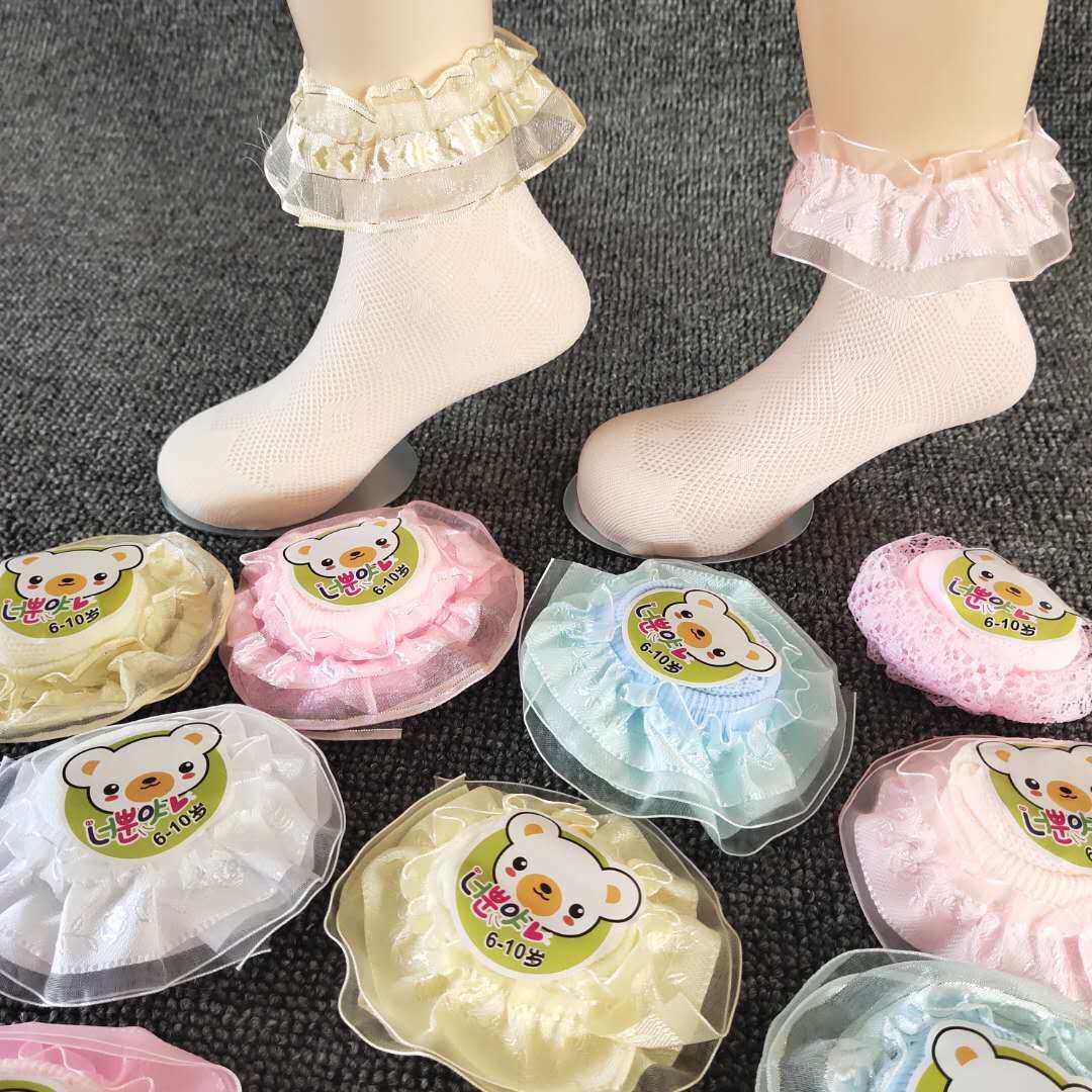 春夏童袜儿童花边短筒袜薄纱网眼蕾丝花边女童袜纯色舞蹈表演童袜