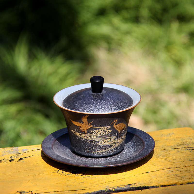 粗陶窑变银斑瑞鹤乐陶盖碗大号码粗陶敬茶杯三才杯茶备陶瓷茶碗