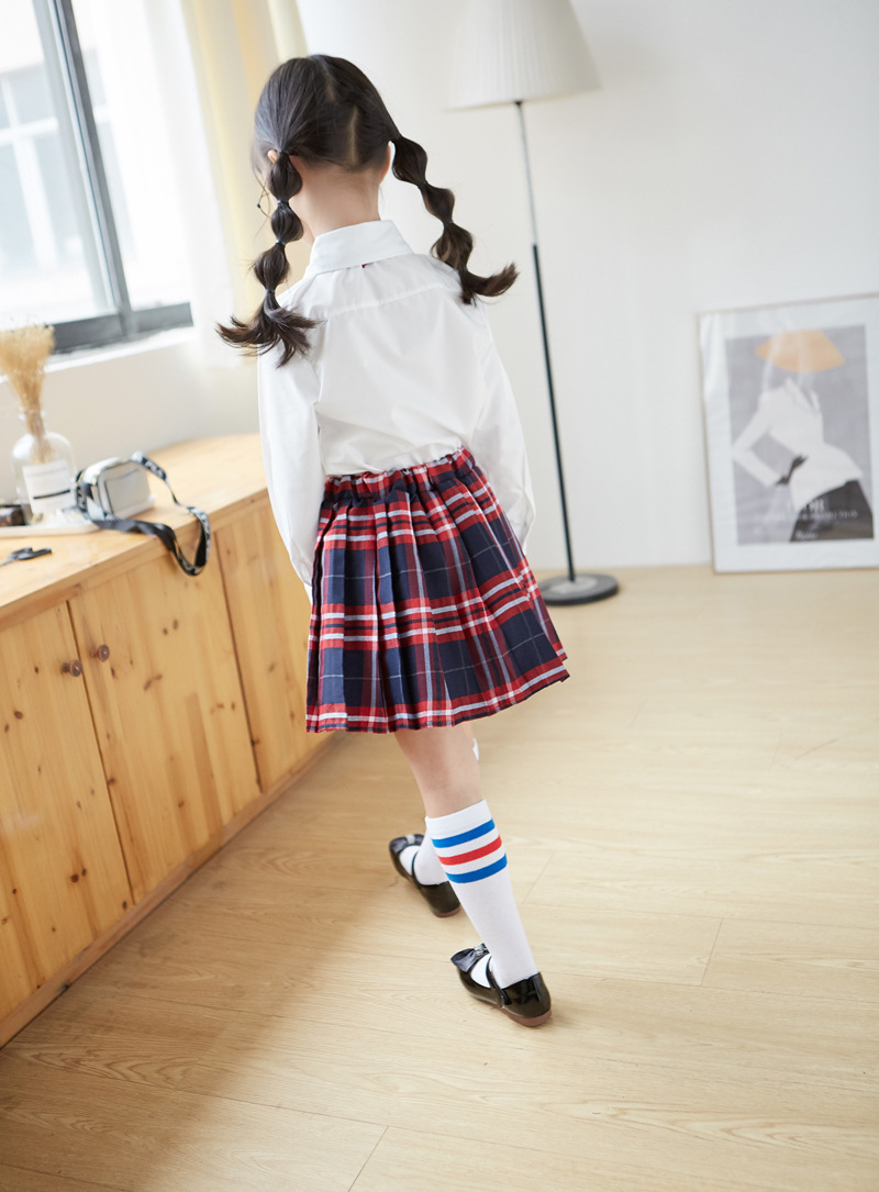 2020韩版纯色衬衫格子裙2件套儿童校服19769