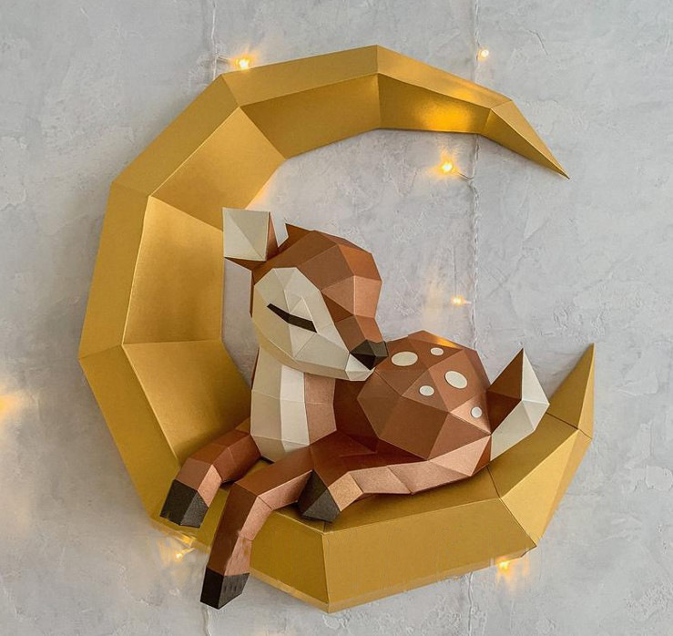 欧美创意3d纸模 月亮上的小麋鹿 diy材料纸质摆件手工制作