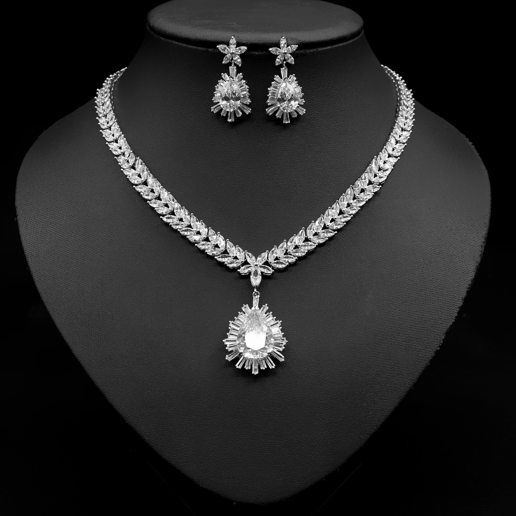 欧美大牌同款麦穗项链 水滴锆石耳环锁骨链两件套 新年首饰套装-阿里