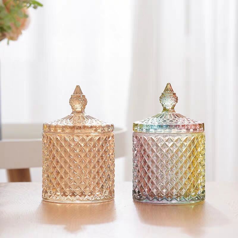 Color Glass Jar Storage Jar European Style Roman Snack Jar Wedding Jewelry Box with Lid Candy Dish Cotton Box Candle