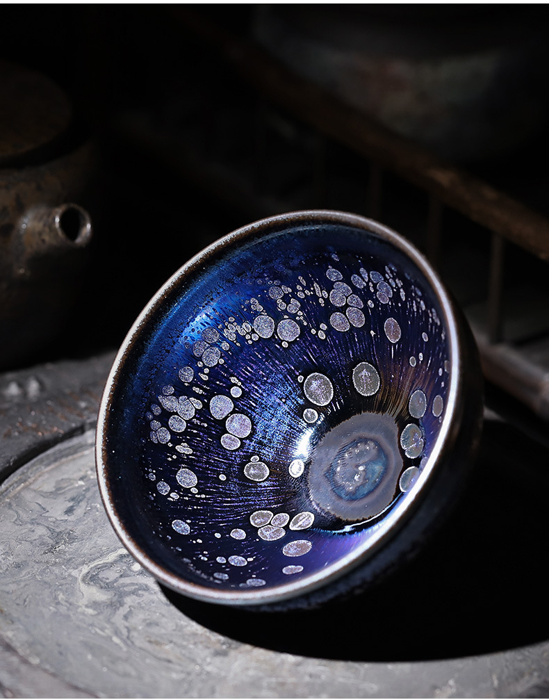 建阳建盏原矿铁胎名家纯手工七彩妖妃束口盏茶杯主人杯茶具单杯