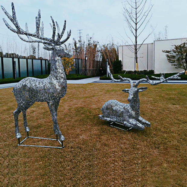 不锈钢镂空金属镜面几何鹿雕塑地产售楼处景观装饰酒店公园摆件