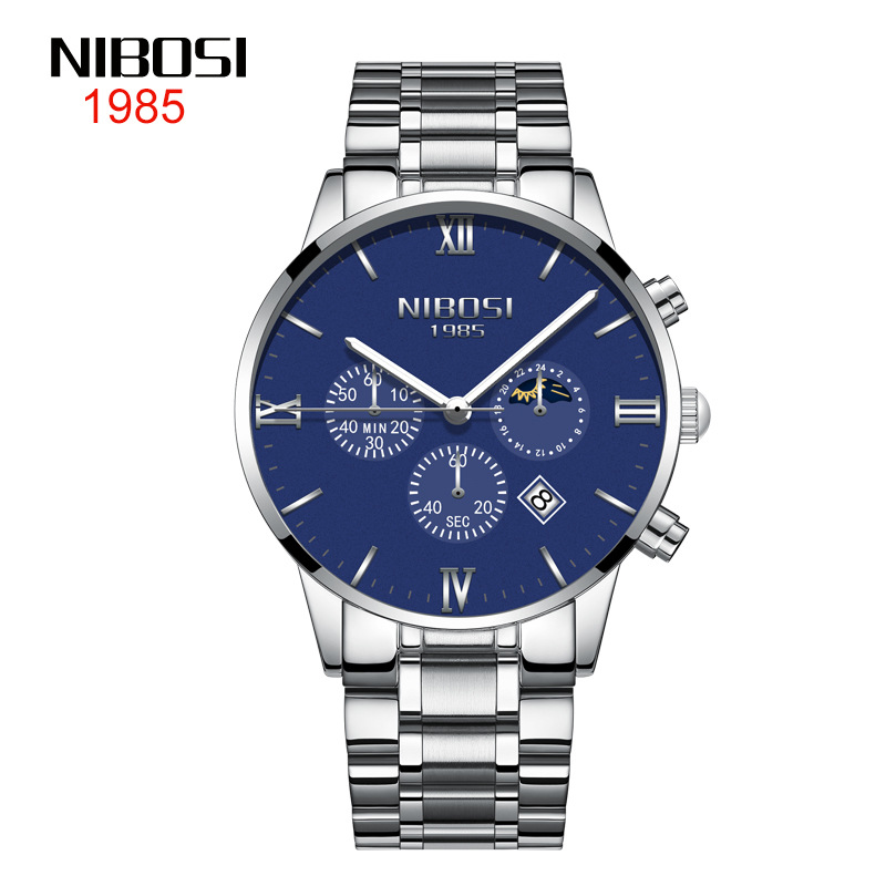 nibosi/尼伯斯时尚精钢月相男士手表三眼6针蝴蝶按扣实心钢带男表