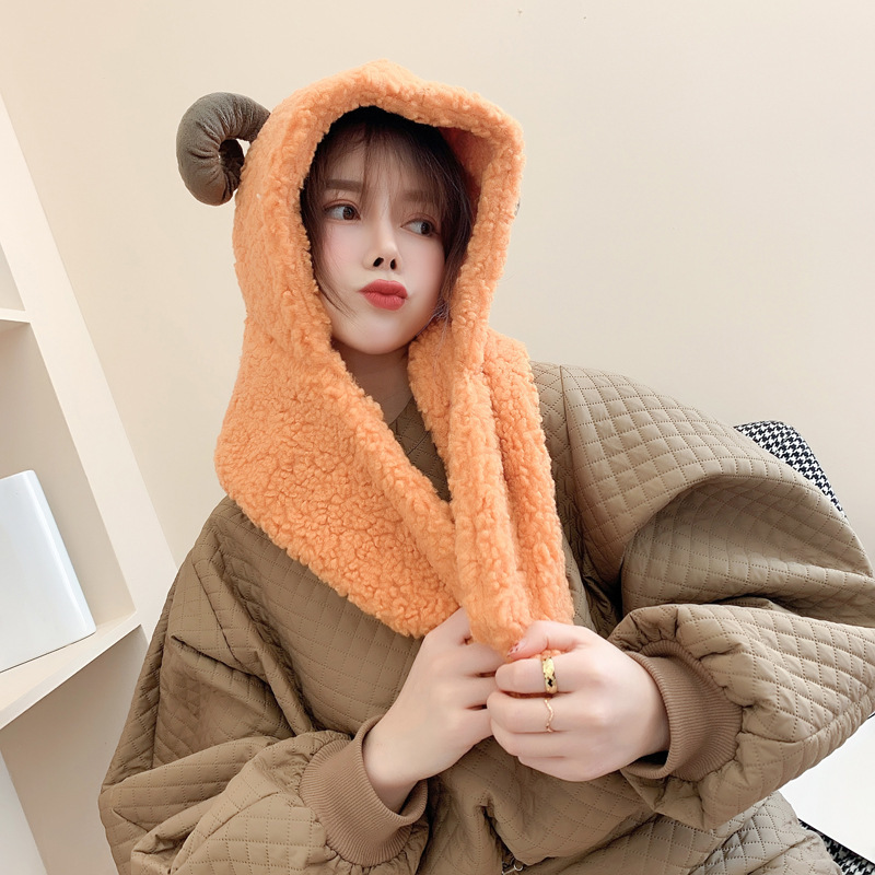 秋冬季可爱卖萌保暖软绵绵百搭可爱羊角保暖围巾暖手口袋