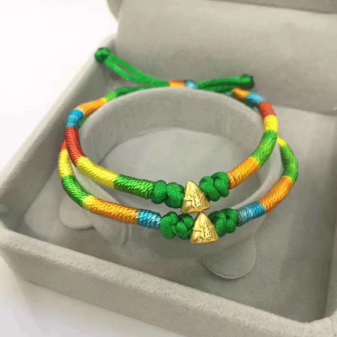 端午节纯金粽子手链 999足金小粽子五彩绳调节钛金扣手绳金店礼品