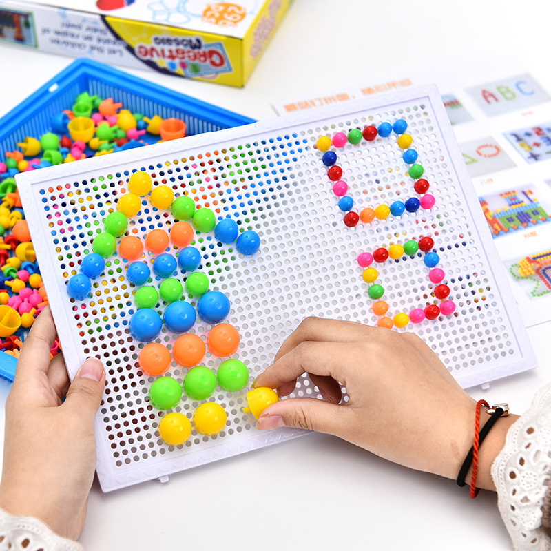 彩盒装296粒蘑菇钉拼板益智早教diy拼图玩具儿童礼品批发