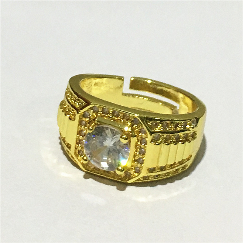 地摊货源镀黄金霸气满钻戒指 钻戒商务男戒保色双排镶钻订婚戒指