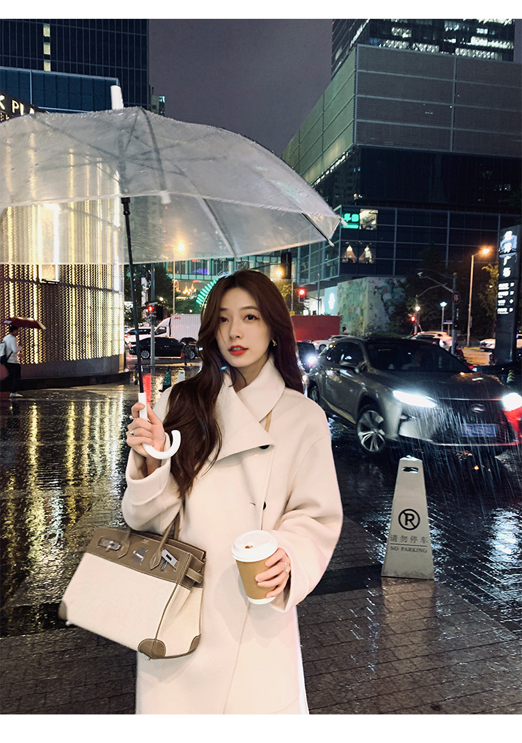 夏诗文毛呢大衣中长款女秋冬翻领设计气质白色毛呢外套