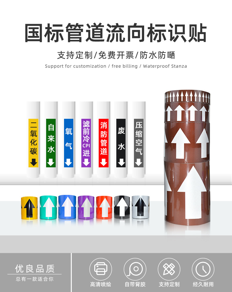 管道标识贴流向箭头国标反光膜箭头贴工业化工反光色环介质标签贴
