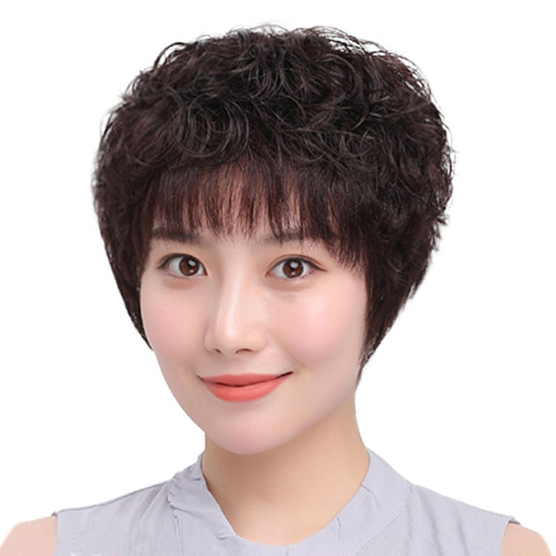 假发女短发时尚短卷发蓬松自然女士中老年真发妈妈假发套真人发丝