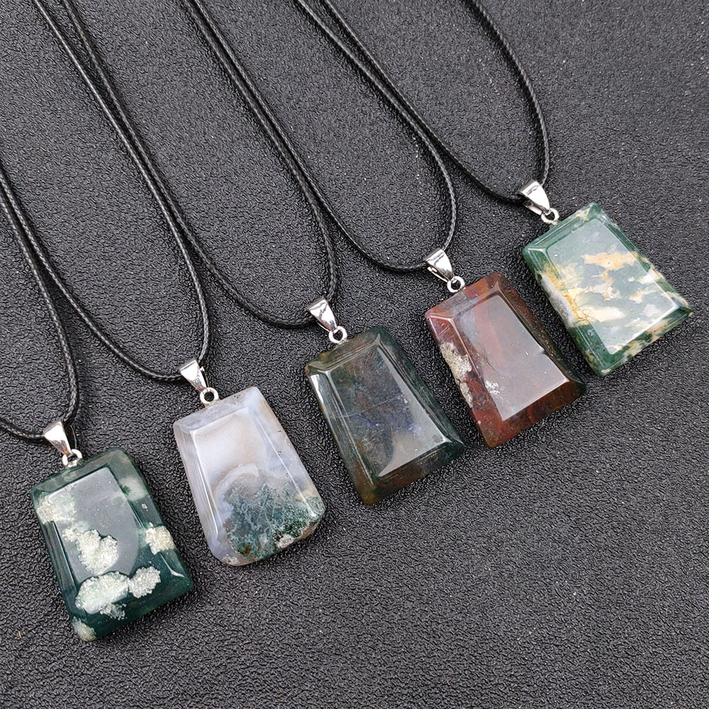 Natural Crystal Natural Stone Water Plants Agate Pendant Necklace Natural Color Trapezoidal Lucky Pendant Pendant Accessories European and American