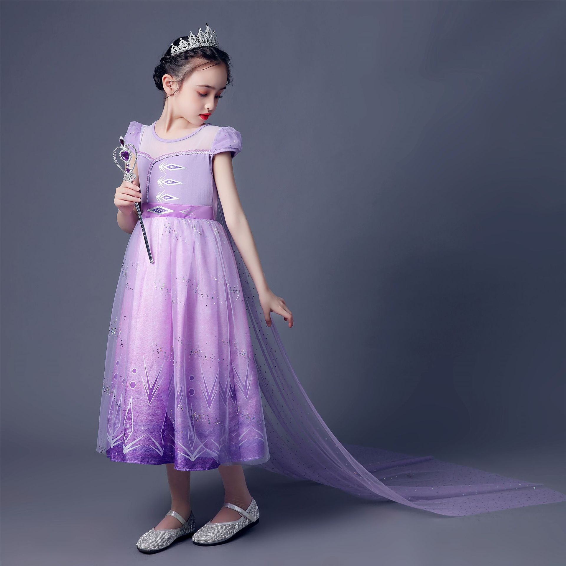 冰雪2爱莎公主裙紫色短袖艾莎连衣裙儿童服装女孩六一演出裙
