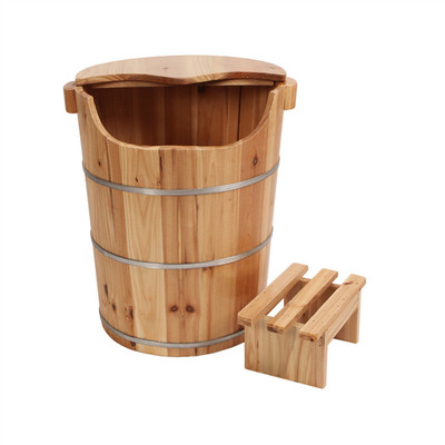 高45cm杉木泡脚桶实木桶家用养生熏蒸桶足疗木桶足浴盆带盖高桶