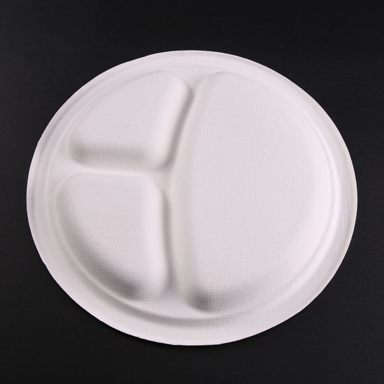 环保材质甘蔗浆生物可降解一次性餐盘三格圆形餐碟定制