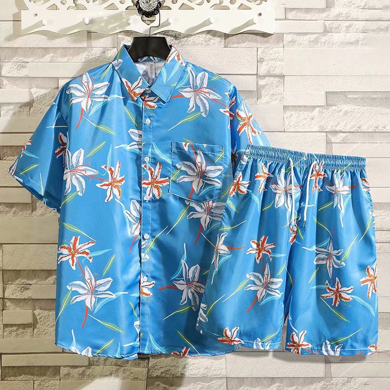 海南岛服沙滩服套装t恤衫男三亚旅游沙滩衬衫短袖碎花夏威夷宽松
