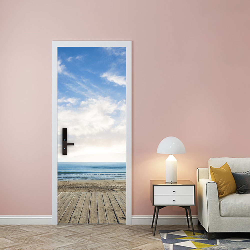 跨境专供蓝天海洋沙滩门贴卧室浴室门装饰自粘可移除pvc家居装饰
