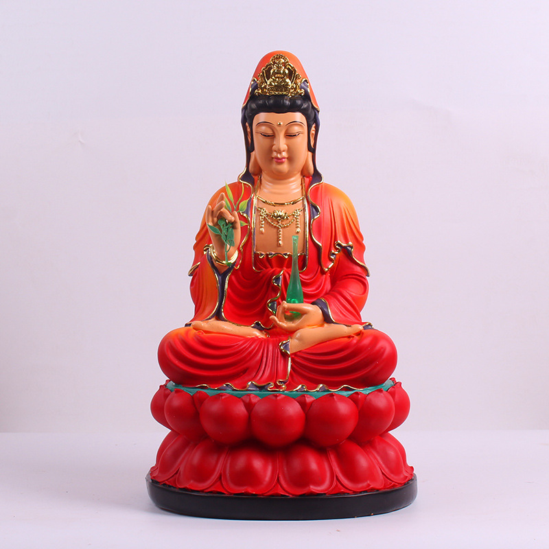 观音佛像121618英寸彩绘红衣树脂菩萨像供奉家用观音摆件
