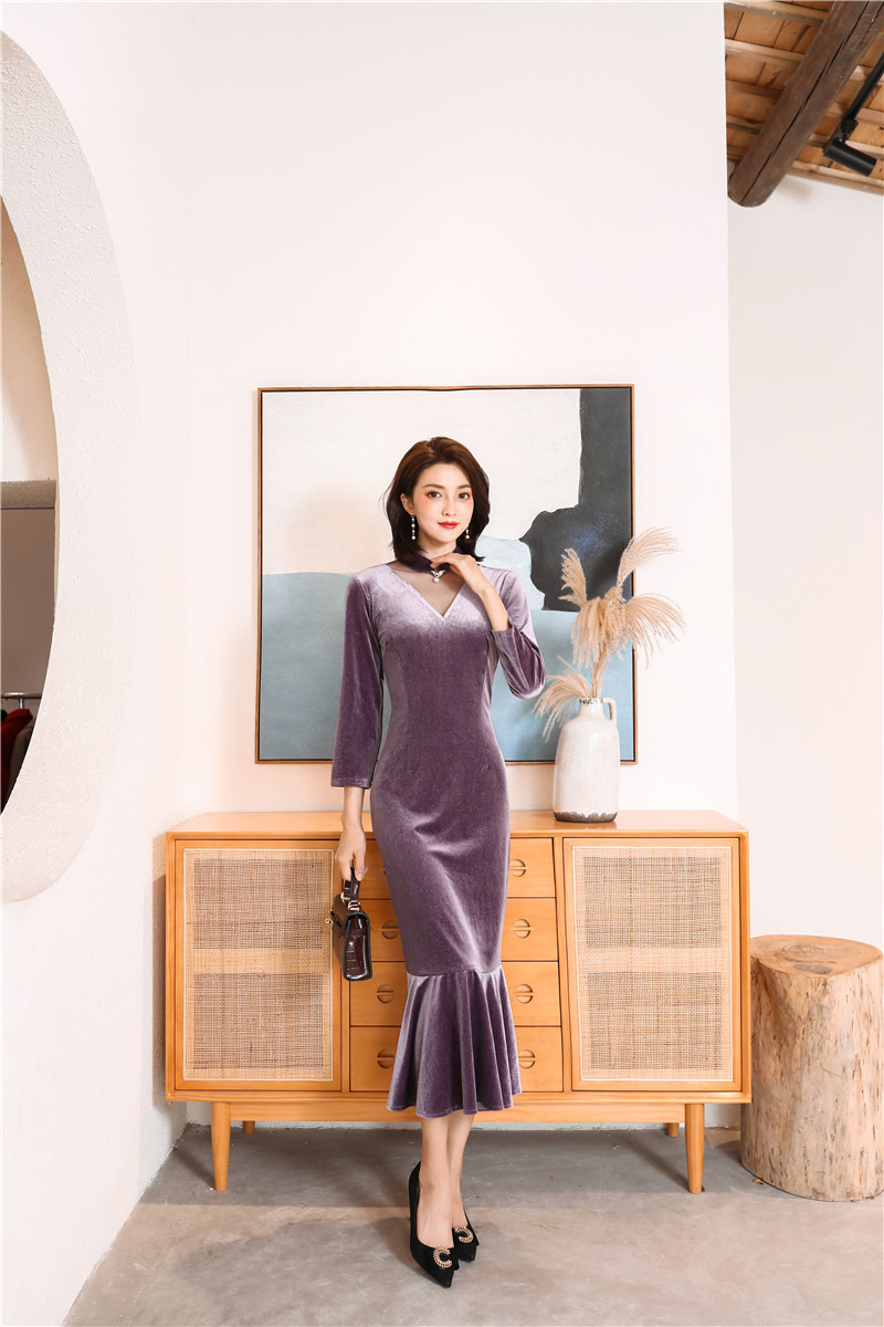 艾旗绣时尚改良少女款长款丝绒鱼尾旗袍裙2020秋新款日常中袖旗袍