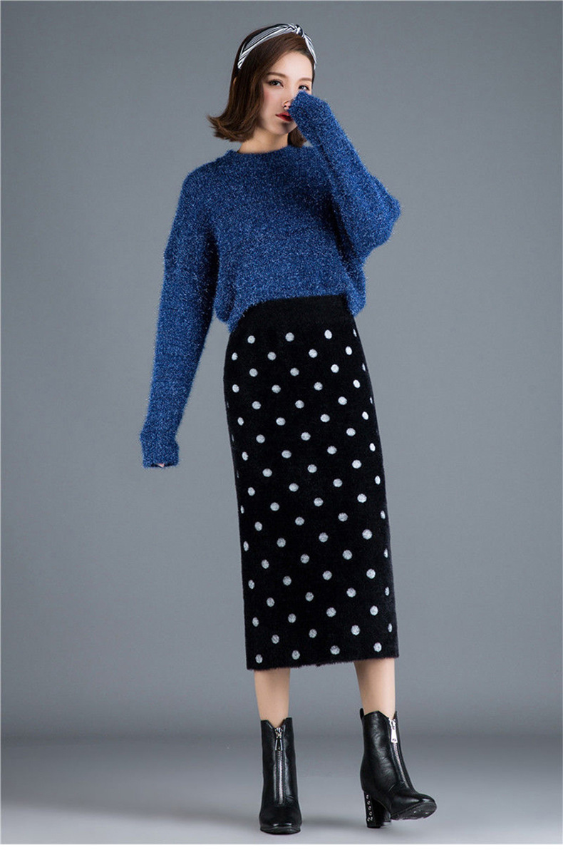 波点仿水貂绒针织半身裙中长裙2021秋冬新款包臀长裙一步裙子开叉