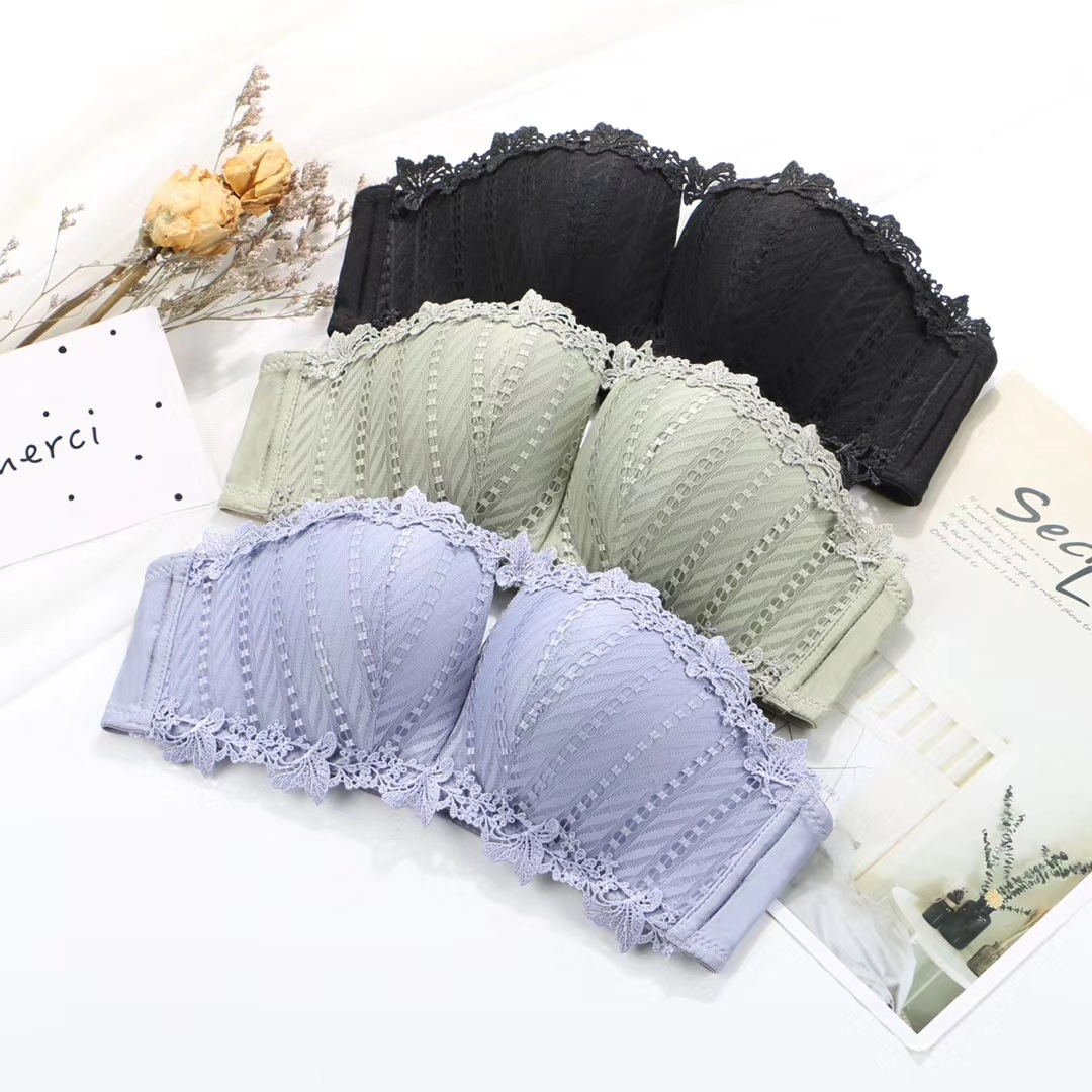 无肩带文胸套装聚拢蕾丝内衣女无钢圈夏季薄款小胸防滑抹胸式裹胸