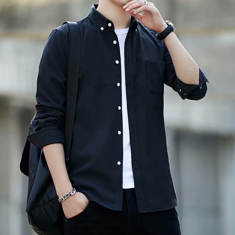 2021 New Men's Long-Sleeved Shirt Men's Oxford Casual Shirt Men's Slim Korean Style Solid Color Shirt