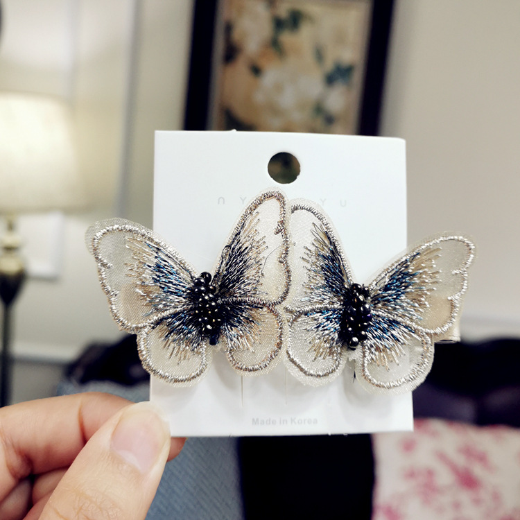 工厂店高端精品发饰批发刺绣小蝴蝶水晶边夹 发夹刘海夹fj699