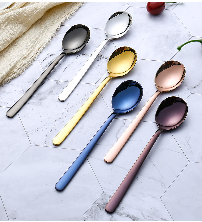 304不锈钢餐具镀色彩色勺子 咖啡长柄搅拌勺 西餐沙拉勺 冰勺