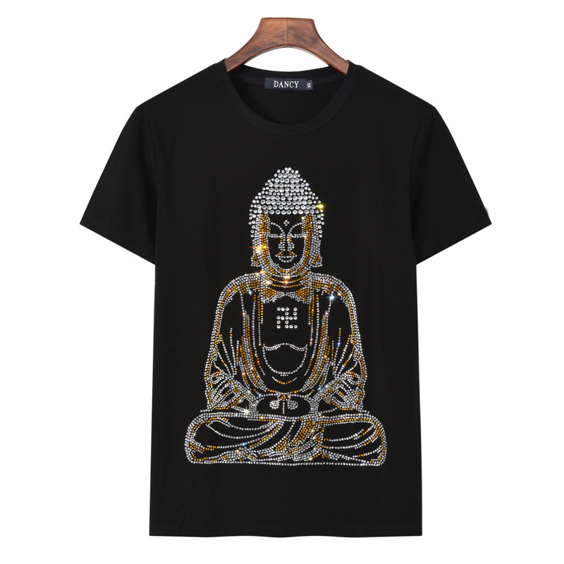 2020夏季菩萨释迦牟尼男装半袖佛祖烫钻直筒男士短袖t恤