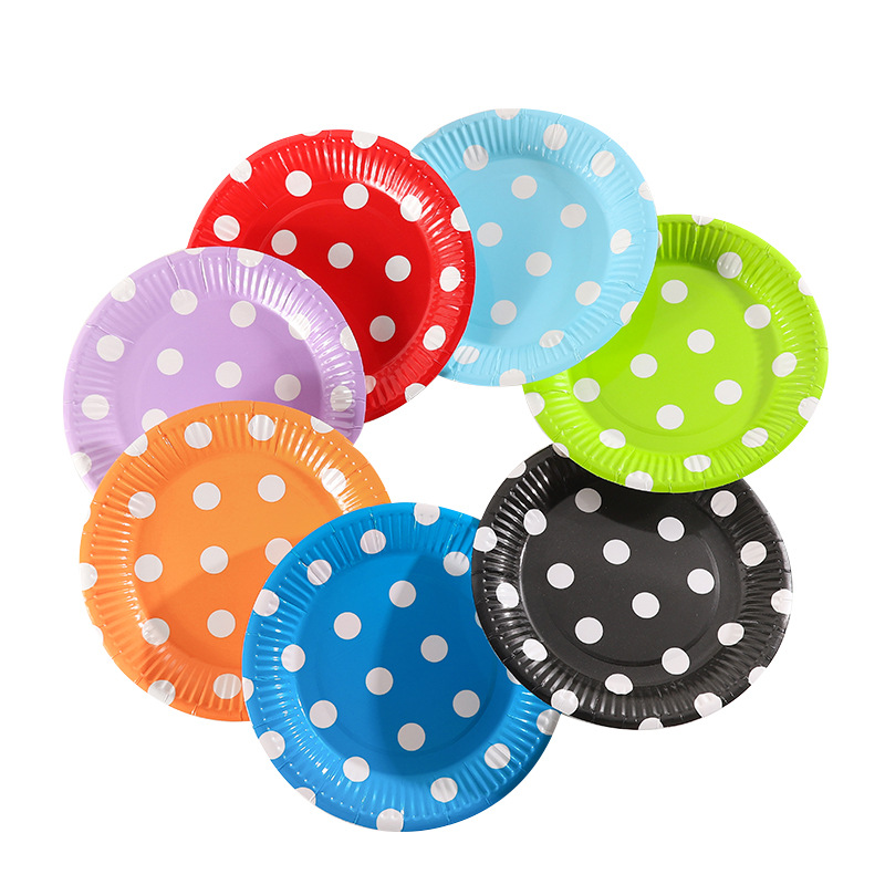 Cross-Border Manufacturers Disposable Paper Tray 7-Inch Color Dot Paper Plate Birthday Party Supplies Paper Plate Cake Plate