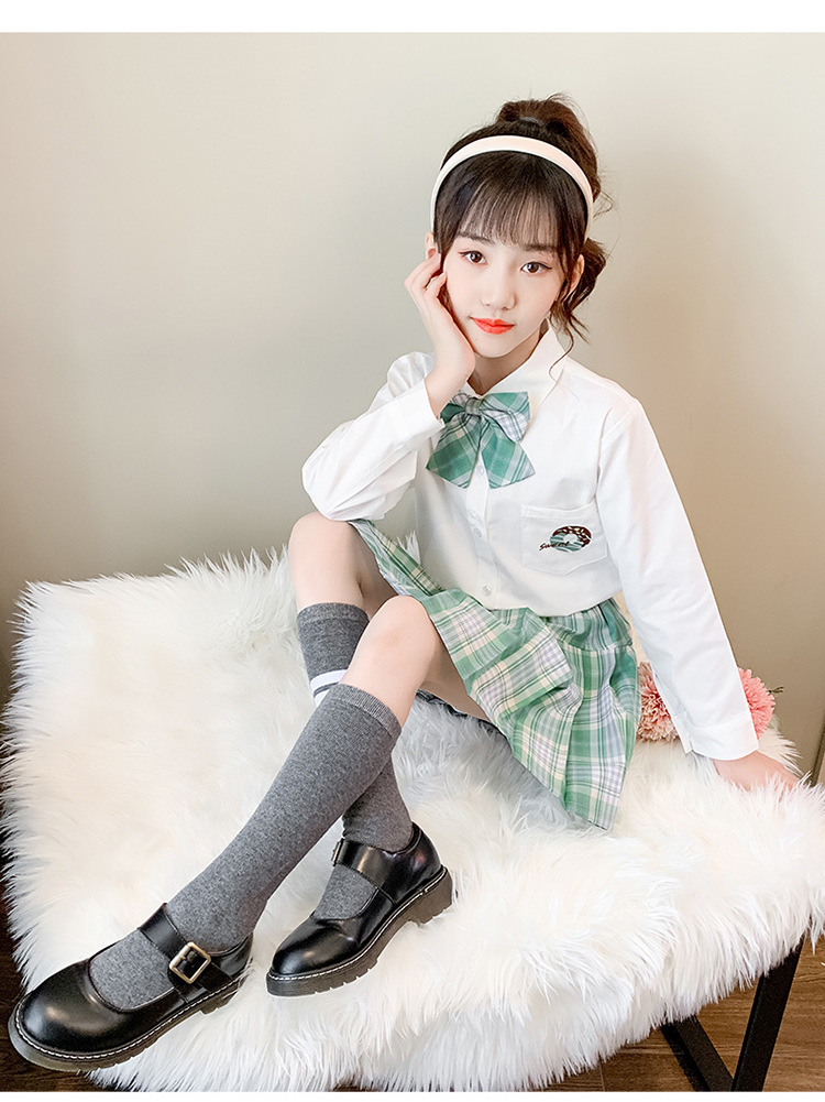 女童春款jk制服套装学院风衬衫儿童格子百褶裙开衫线衣外套三件套