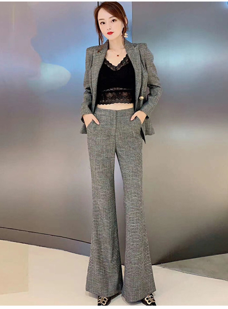 千鸟格西装套装女秋冬新款洋气西服减龄穿搭喇叭格子阔腿裤两件套