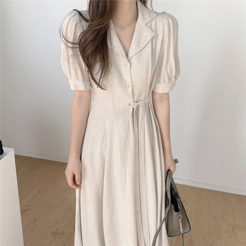 Korean Chic Summer Elegance Elegant Lapel Three-Button Side Lace-up Waist Puff Sleeve Linen Dress for Women