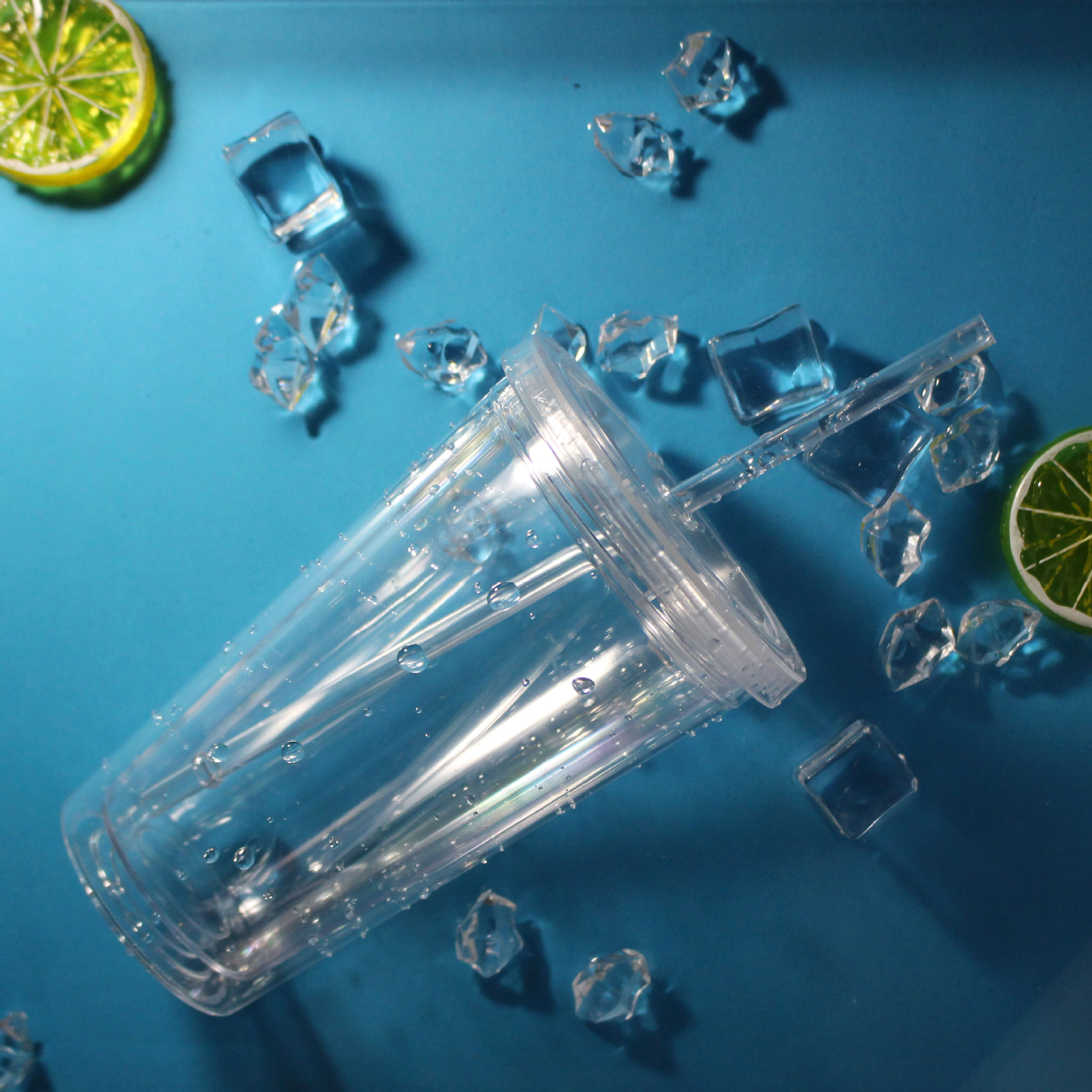 厂家现货塑料双层透明吸管杯16oz可放闪粉pvc片创意广告冰杯