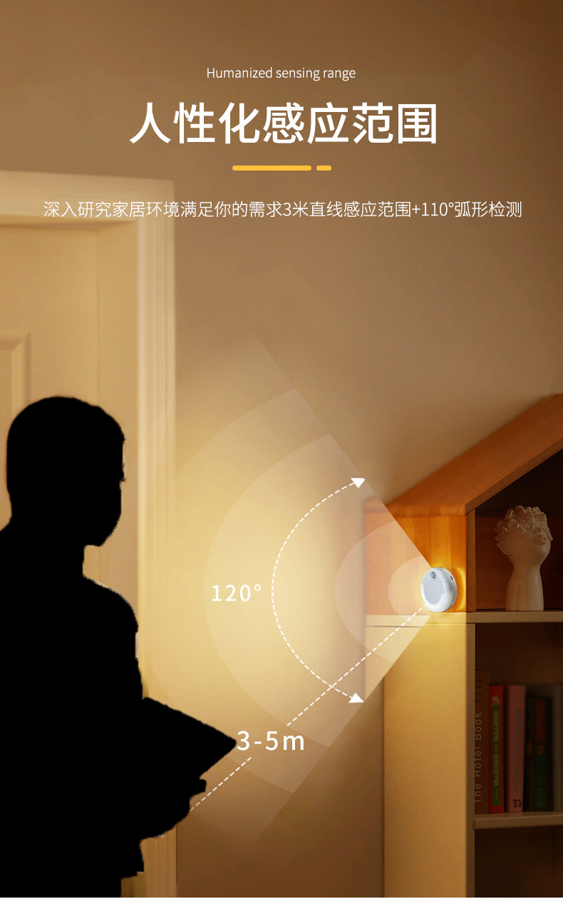 人体智能感应小夜灯光控led锂电池 磁吸摆放过道衣橱灯自动开灯