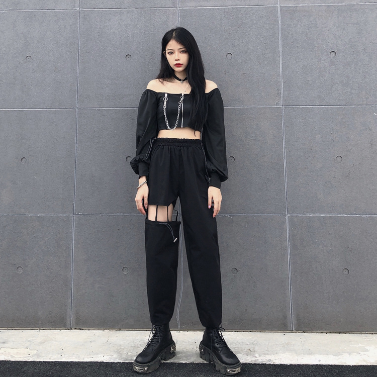 lisa同款裤破洞镂空裤子女宽松显瘦休闲嘻哈工装裤女束脚直筒高腰