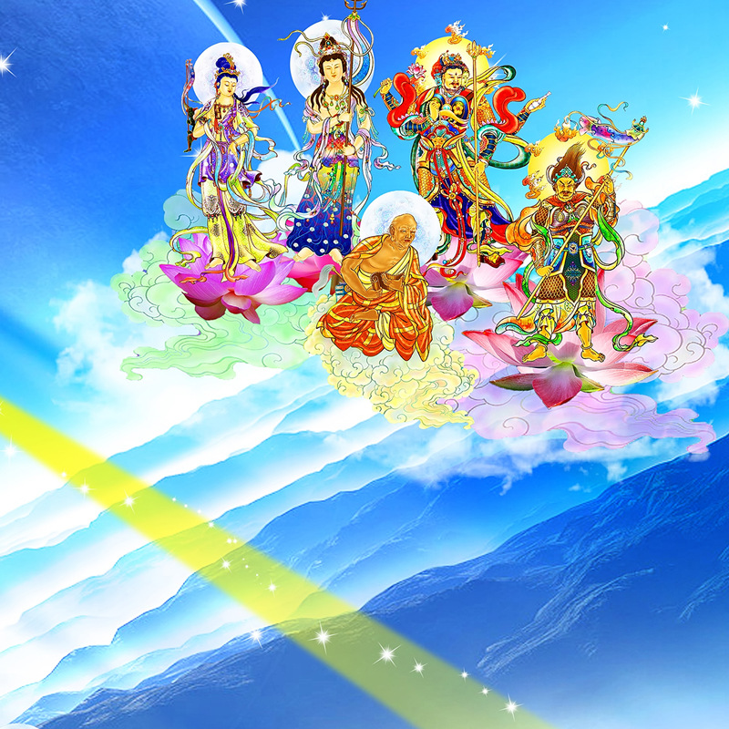 西方三圣接引图挂画阿弥陀佛画像极乐世界佛教结缘画卷轴画丝绸画