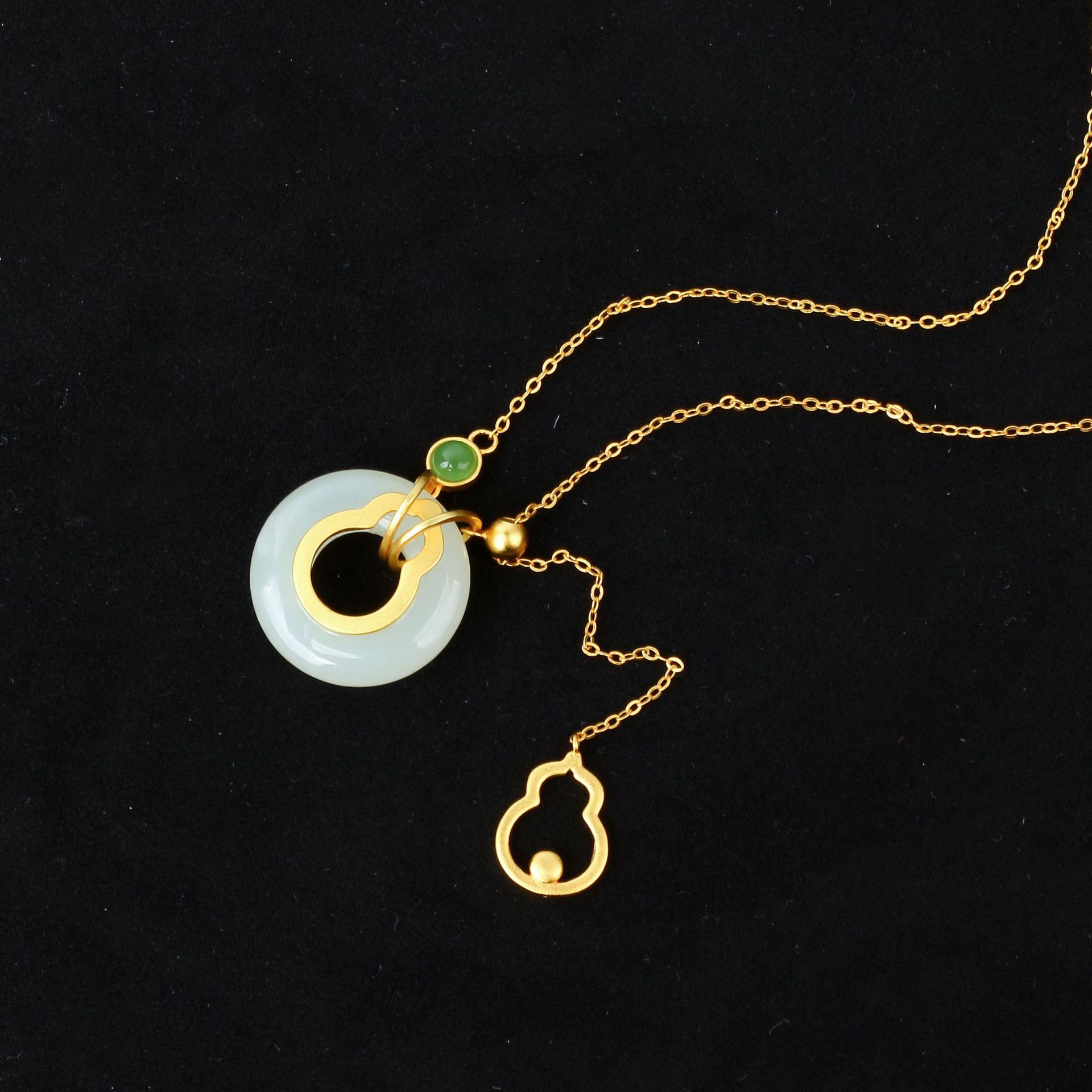 s925银古法银天然和田玉白玉双环扣项链环环相扣平安扣锁骨链