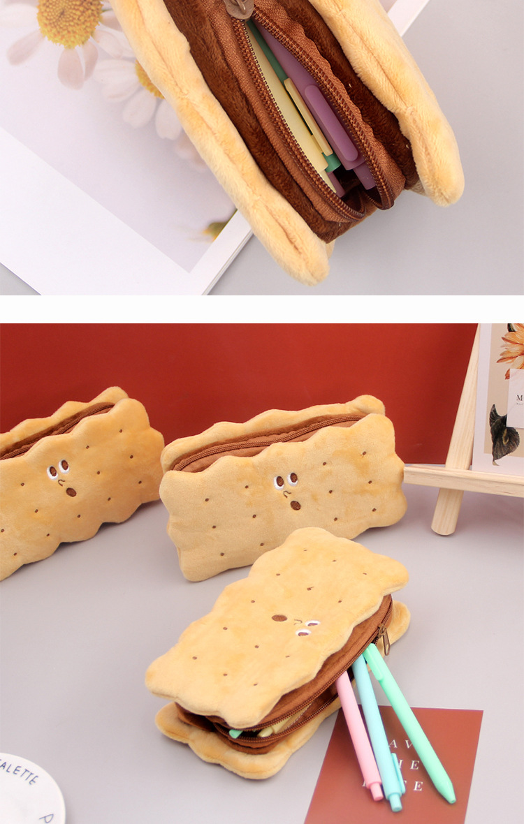 创意饼干笔袋毛绒少女心大容量学生笔盒卡通办公文具盒收纳笔袋萌