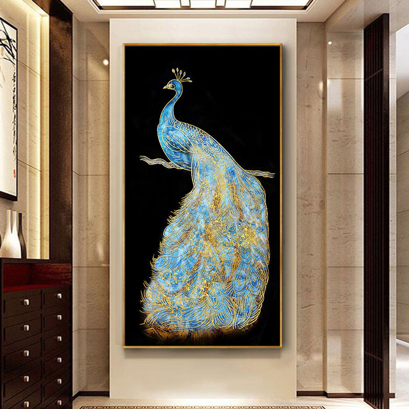 孔雀装饰画玄关晶瓷画北欧入户招财风水过道羽毛竖版轻奢走廊挂画