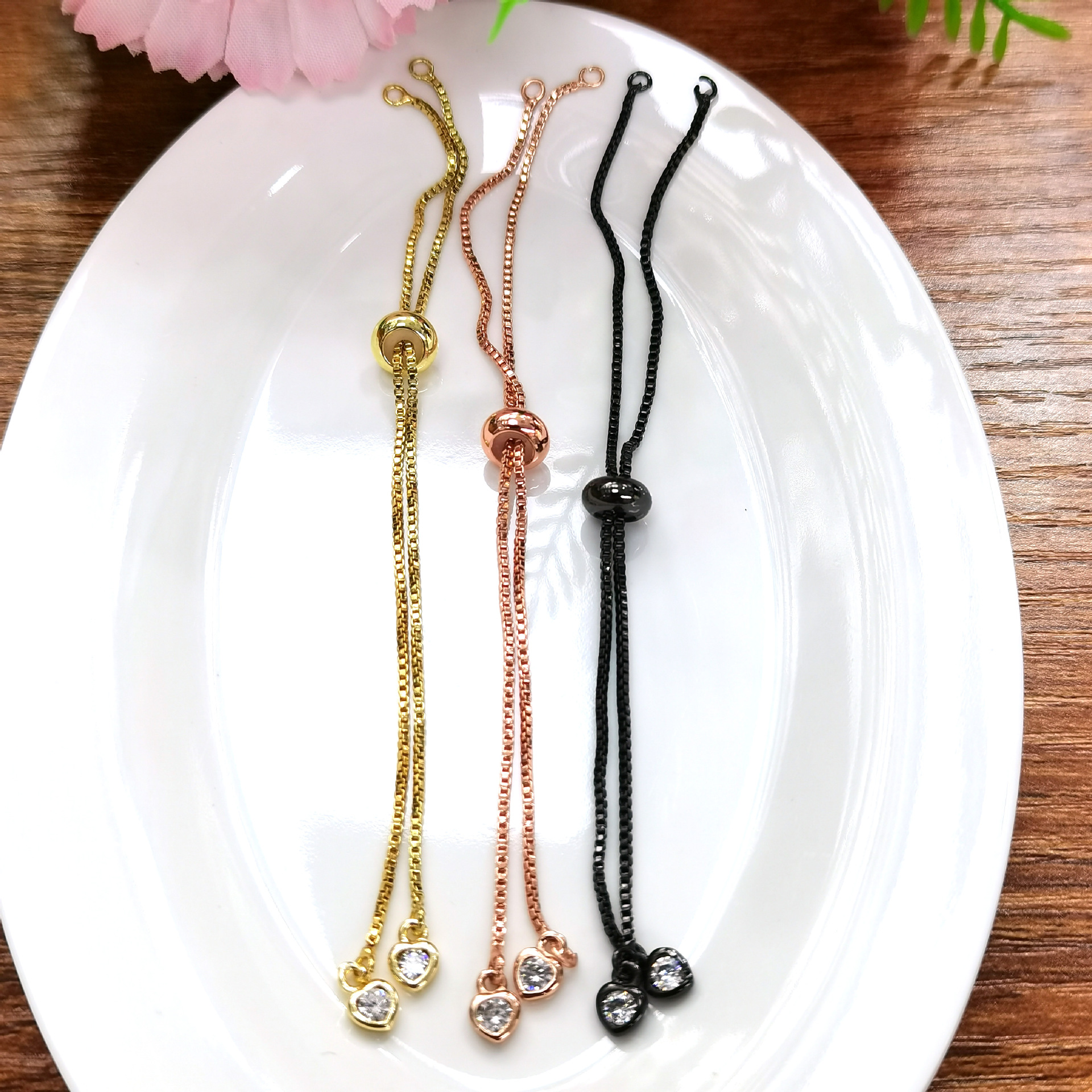 盒子链微镶推拉手链 14k包金保色盒仔链 手链调节硅胶半成品配件