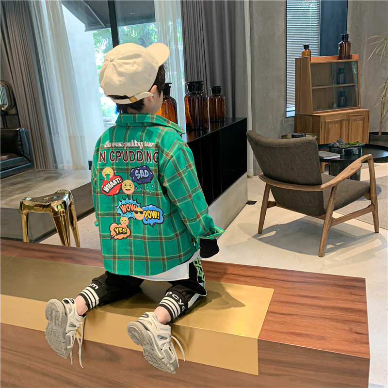 男童格子衬衫2020春秋新款 中小童休闲格纹时尚表情印花潮流衬衫